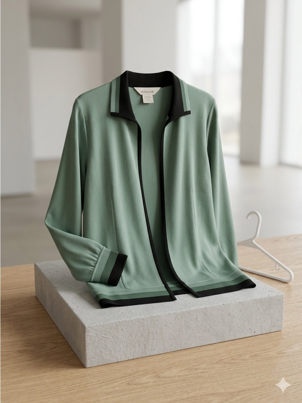 Misook Sage Green Open-Front Jacket with Black Trim 100% Acrylic Size S - Picture 2 of 16